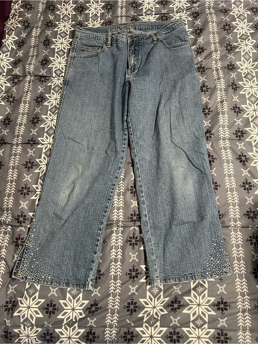 Classic Blue Denim Capri Jeans with Hem Embellishments